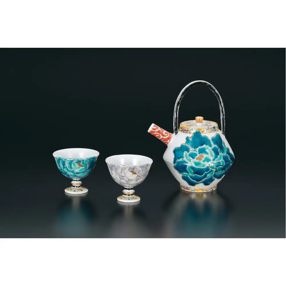 酒器揃　碧紫牡丹図　佐藤剛志 民芸品 工芸品 雑貨 日用品 徳利 お猪口 鮮やか