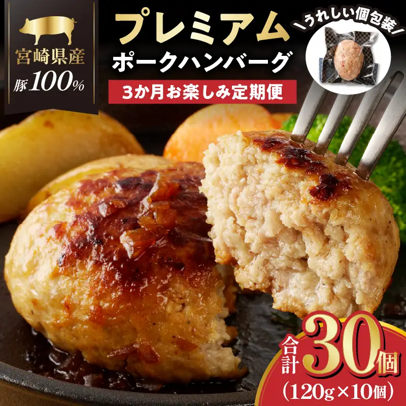 ≪3か月お楽しみ定期便≫宮崎県産豚プレミアムハンバーグ(合計30個) 肉 豚肉 加工品 国産_T001-0175