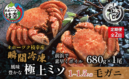 毛ガニ 冷凍ボイル オホーツク枝幸産 毛ガニ【680g×1尾】【2回定期便】