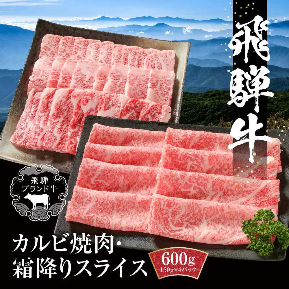 飛騨牛 カルビ(焼肉)・霜降りスライス 600g（150g×各２パック） 焼肉 MZ016