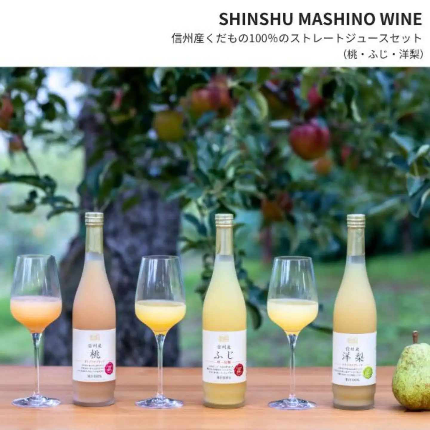 MW15 信州産 フルーツジュースセット（ふじ／桃／洋梨 500ml×3本）// 長野県 南信州 国産 ストレートジュース フジ  もも ピーチ 洋なし りんご リンゴ 果汁100％ 保存料不使用