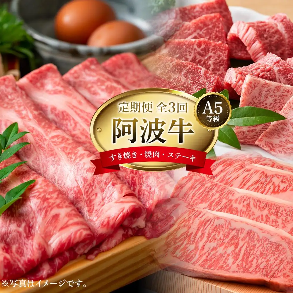 定期便全３回　阿波牛定期便 A5等級(特選すき焼きセット・匠焼肉セット・サーロインステーキ）