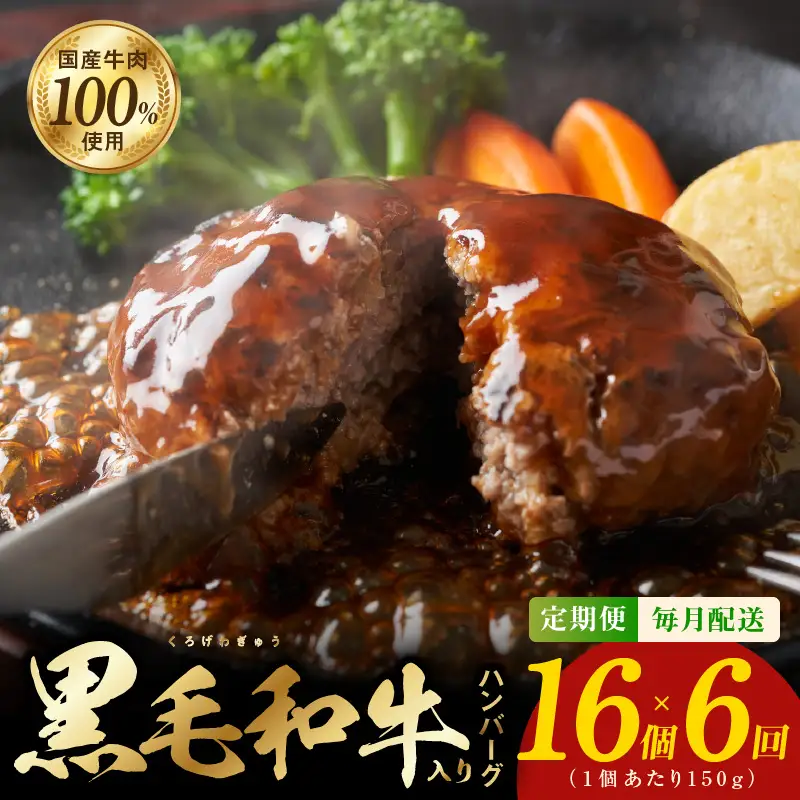 黒毛和牛入り 国産牛肉100％ ハンバーグ 定期便 16個×全6回 150gサイズ【毎月配送コース】