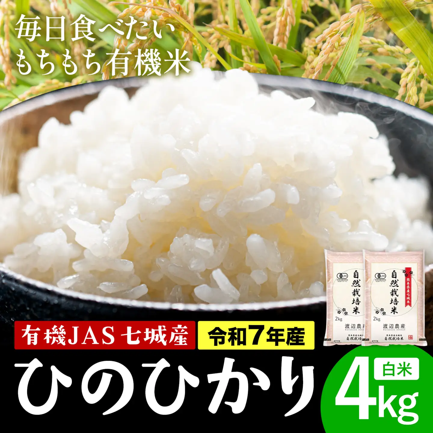 令和7年産 有機JAS 七城産ひのひかり 精米 4kg《30日以内に出荷予定(土日祝除く)》 渡辺農産熊本県 菊池市 米 お米 精米 ひのひかり 菊池市産 熊本県産 九州産 送料無料