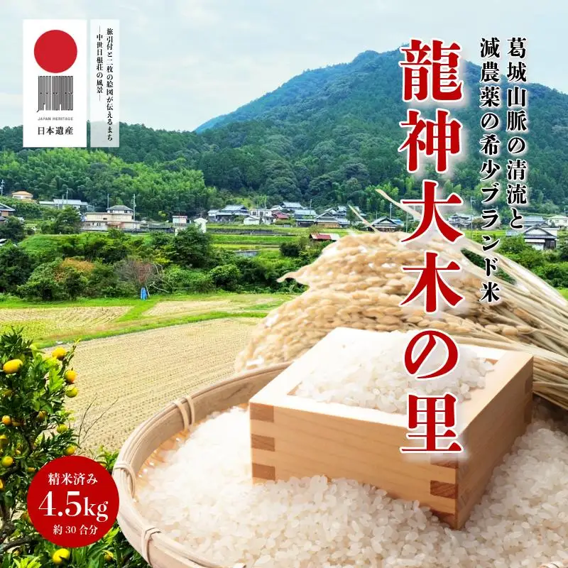 【令和8年産】葛城山脈の清流の希少ブランド米「龍神大木の里」精米済み4.5kg（約30合分） きぬひかり