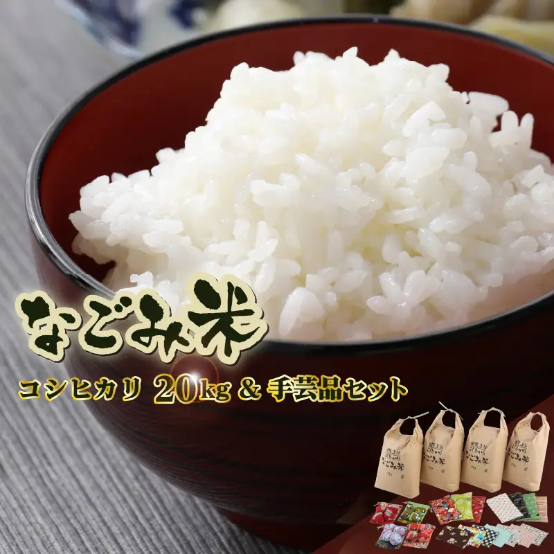 【先行予約】「なごみ米」令和8年産 コシヒカリ 20kg & ペア数珠袋 & 手製マスク & 巾着 & お手玉【2026年9月上旬以降順次発送】 [m12-g001]