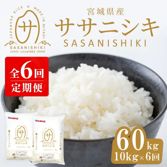 ＜6ヶ月定期便＞宮城県産 ササニシキ 合計60kg (10kg×6回) お米 おこめ 米 コメ 白米 ご飯 ごはん おにぎり お弁当 ブランド米 ささにしき 宮城米 頒布会【株式会社パールライス宮城】ta395