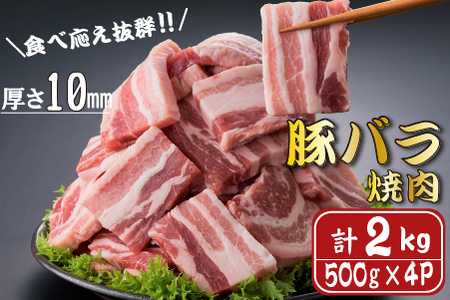 【食べ応え抜群】厚さ10ｍｍ！九州産豚バラ焼肉　500ｇ×４パック　計２ｋｇ