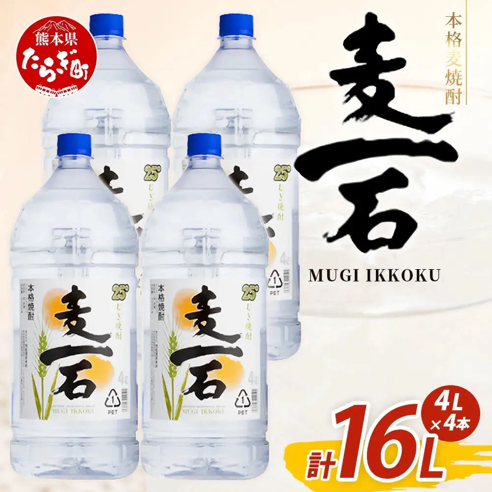 メガボトル4L×4本！ 純 麦焼酎【麦一石】4L エコペット 25度 計16L 焼酎 蔵元直送 16リットル パーティサイズ 麦 酒 麦麹 焼酎 大容量 熊本 球磨 焼酎 多良木町 040-0588