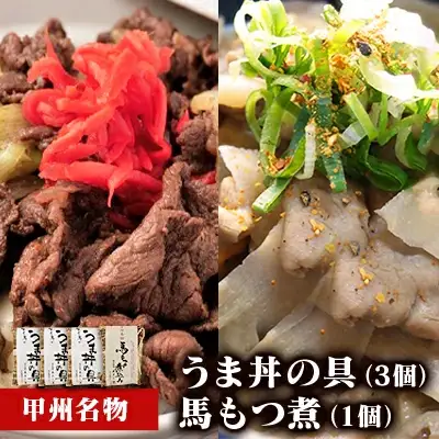 甲州名物！牛より馬い「うま丼の具」３個＆「馬もつ煮」１個ふるさと納税限定セット　馬肉 桜肉 国産 ご当地グルメ 郷土料理 