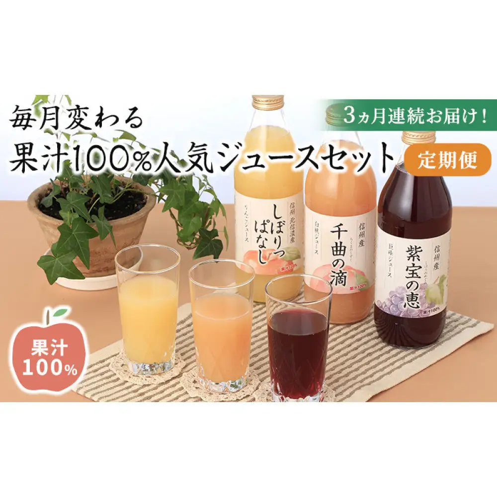 3ヵ月連続お届け！毎月変わる果汁100％人気ジュースセット定期便 | ジュース 飲み比べ りんご ぶどう