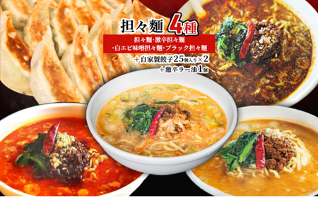 担々麺4種（担々麺・激辛担々麺・白エビ味噌担々麺・ブラック担々麺）＋自家製餃子25個入り×2 激辛ラー油1個 ラーメン 麺類 調味料  FAD-1354