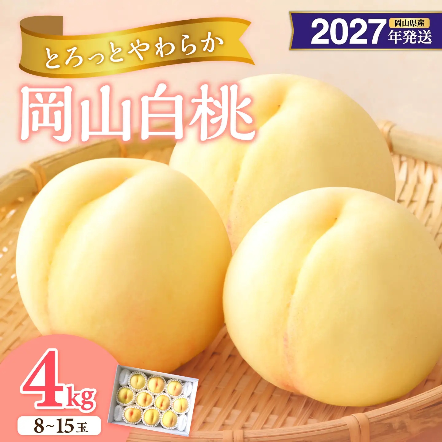 【2027年発送分・先行予約開始！】岡山県産 白桃 約4kg 8～15玉（令和9年7月以降発送）【桃】