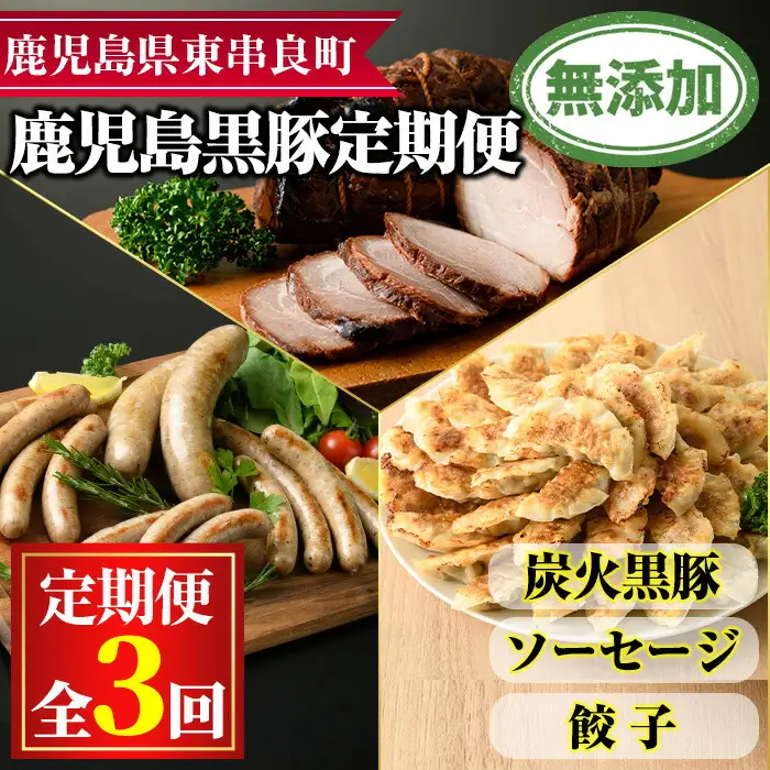 【0355105b】＜定期便・全3回＞無添加鹿児島黒豚だらけの定期便(炭火焼豚 400g・ソーセージ4種 合計14本・餃子 計36個)黒豚 豚肉 ぶた肉 炭火焼豚 焼豚 フランクフルト 餃子 セット【鹿児島ますや】