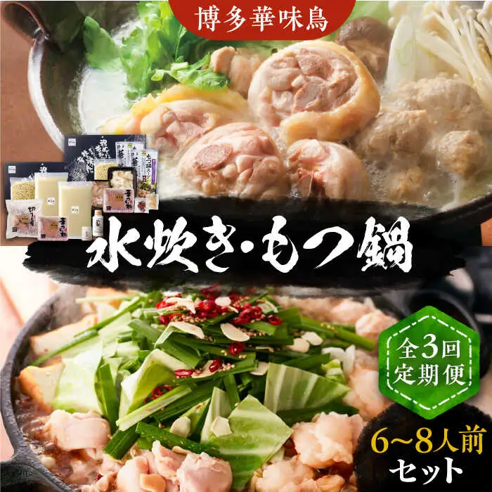 【全3回定期便】博多華味鳥 水炊き＆もつ鍋 セット 6~8人前 [VAC018]博多 福岡 鍋 鶏 水たき みずたき もつ もつ鍋