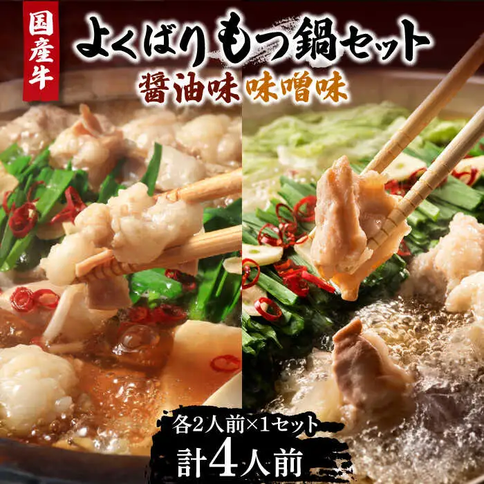 国産牛 よくばりもつ鍋 セット 醤油味2人前&みそ味2人前（計4人前）〆はマルゴめん 福岡県産の米粉麺[VCL035]