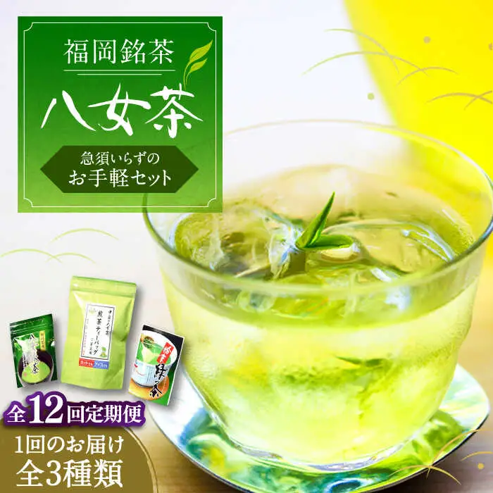 【全12回定期便】福岡銘茶 八女茶 ティーバッグ付 急須要らずのお手軽セット（便利なチャック付）[VCL128]