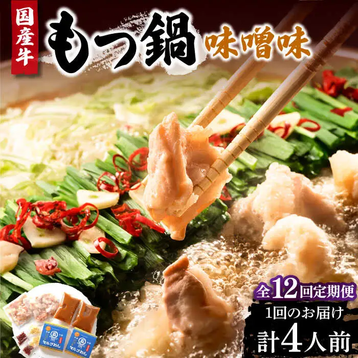 【全12回定期便】国産牛 もつ鍋 みそ味2人前×2セット（計4人前）〆はマルゴめん 福岡県産の米粉麺付き[VCL137]
