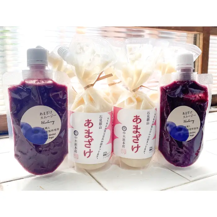 中木屋本店のあまざけ&ブルーベリースムージー【甘酒 ノンアルコール 300g 5個 スムージー 130g 2個 濃縮 米糀 甘み 発酵食品 甘味飲料 小分け 飲料 お味噌屋】