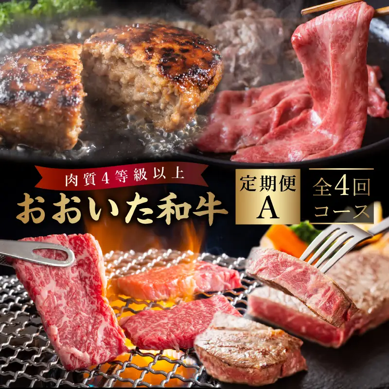 《定期便》おおいた和牛 定期便A_B163-010【牛 牛肉 和牛 おおいた和牛 セット 焼肉 すき焼き ステーキ 定期便 定期 のし 贈答 贈り物 冷凍 送料無料 4回 別府市】