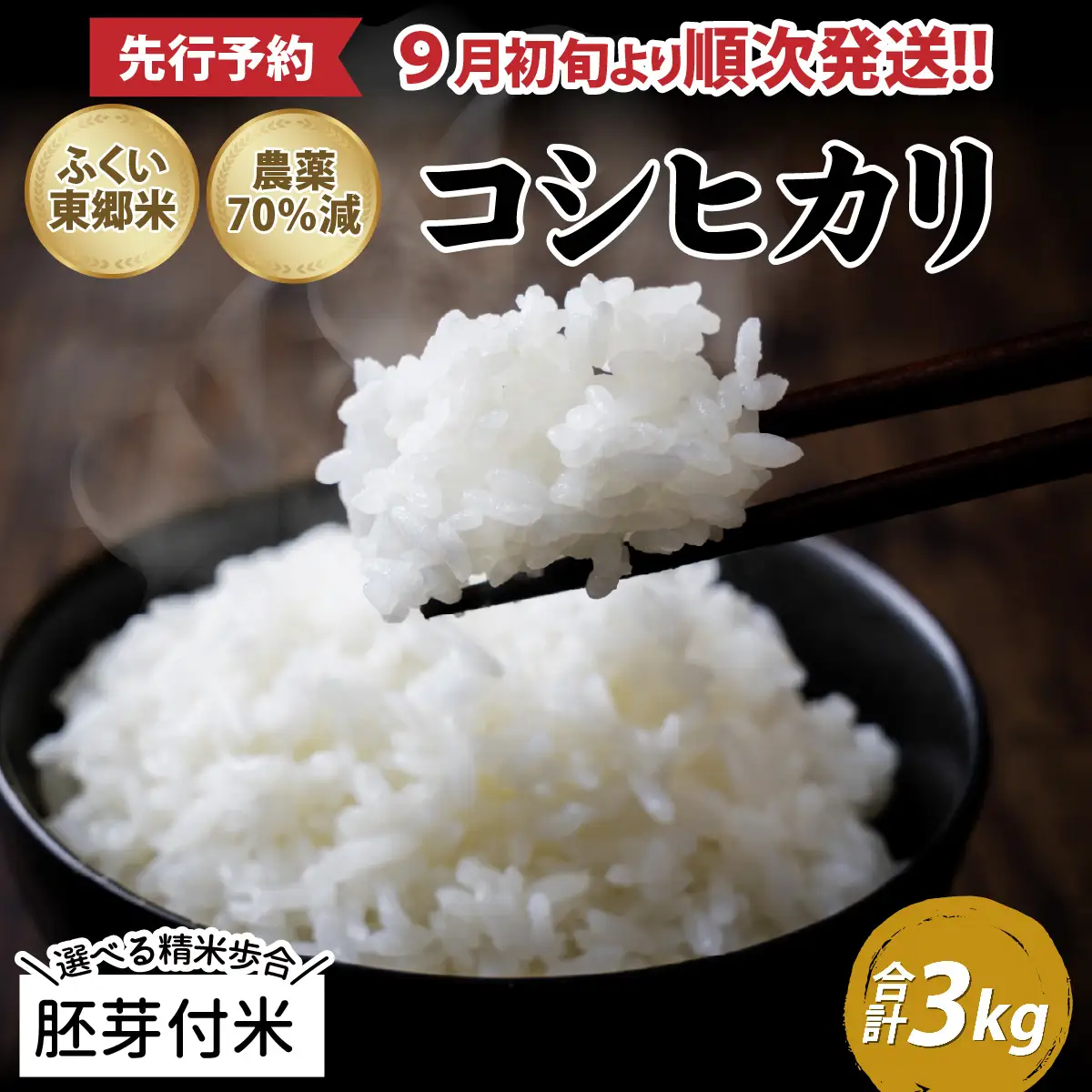 【先行予約】【胚芽付米】令和8年産 新米  ふくい東郷米 特別栽培米 農薬70％減 コシヒカリ 3kg[A-020018_03]