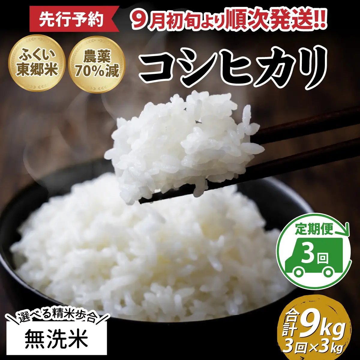 【先行予約】【無洗米】【定期便3ヶ月連続】令和8年産 新米 ふくい東郷米 特別栽培米 農薬70％減 コシヒカリ 3kg×3ヶ月 合計9kg[B-020020_04]