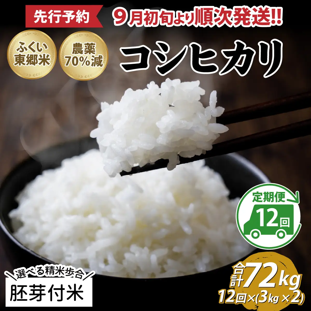 【先行予約】【胚芽付米】【定期便12ヶ月連続】令和8年産 新米 ふくい東郷米 特別栽培米 農薬70％減 コシヒカリ 6kg(3kg×2袋)×12ヶ月 合計72kg[O-020025_03]