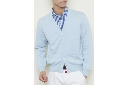 日本製 カシミヤ100% カーディガン サックス Mサイズ [2523]