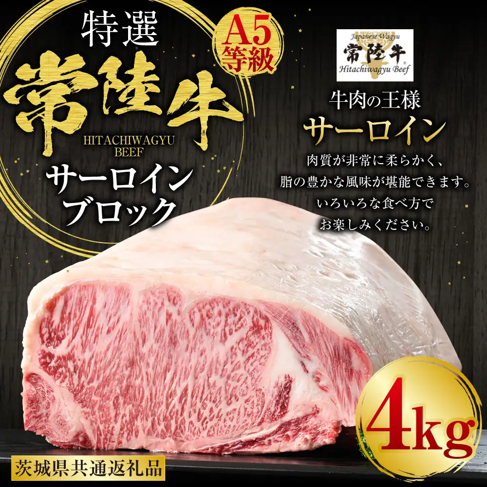 【特選】常陸牛（ひたちぎゅう）A5等級 サーロインブロック 4kg（茨城県共通返礼品 茨城県産）