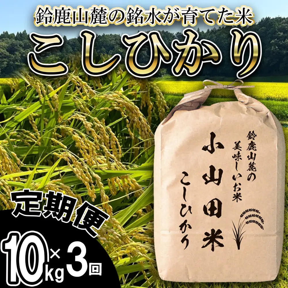＜定期便＞【令和8年度】新米 こしひかり（精米）10kg【3ヶ月】鈴鹿山麓の銘水が育てた米l 米どころ 三重県産 小山田地区  小山田米  米 コメ 白米 精米