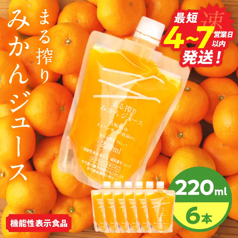 果汁 100％ まる搾り みかん ジュース 220ml×6本 機能性表示食品 飲料 ソフトドリンク 果物 フルーツ 柑橘 ミカン シャーベット 国産 人気 おすすめ ギフト おすそ分け お土産 贈り物 プレゼント お取り寄せ 宮崎県 日南市 送料無料_AA60-24