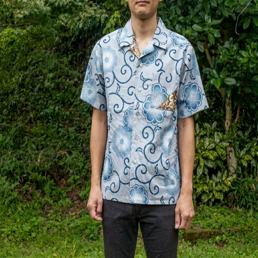 島田帯シャツ（花唐草柄）M ファッション 服 男性 メンズ 