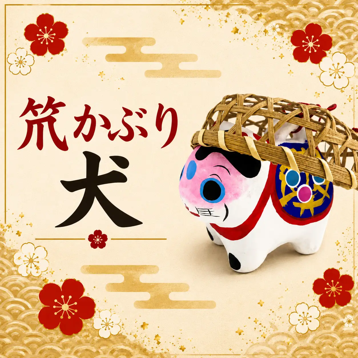 犬張り子（中） B：ざるかぶり犬張り子 | 犬 いぬ 張り子 竹ザル 雑貨 和雑貨 和小物 伝統 民芸品 工芸品 埼玉県 越谷市