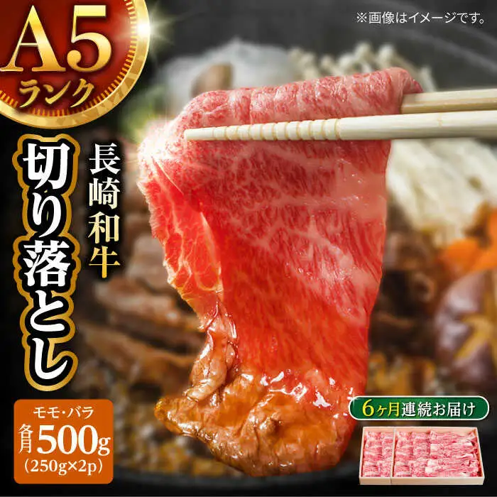 【6回定期便】長崎和牛 A5 赤身 切り落とし(モモ・バラ) 500g(250g×2) / 牛肉 和牛 モモ もも バラ バラ肉 すき焼き A5ランク 小間切れ / 諫早市 / 野中精肉店 [AHCW013]