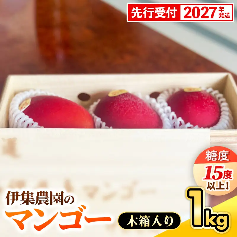 【木箱入】【先行受付・2027年発送】【糖度15度以上】 伊集農園 沖縄県産マンゴー（贈答用木箱）約1kg - 先行予約 沖縄 産地直送 南国フルーツ 旬の味覚 旬のフルーツ 贈り物 ギフト 沖縄県 八重瀬町