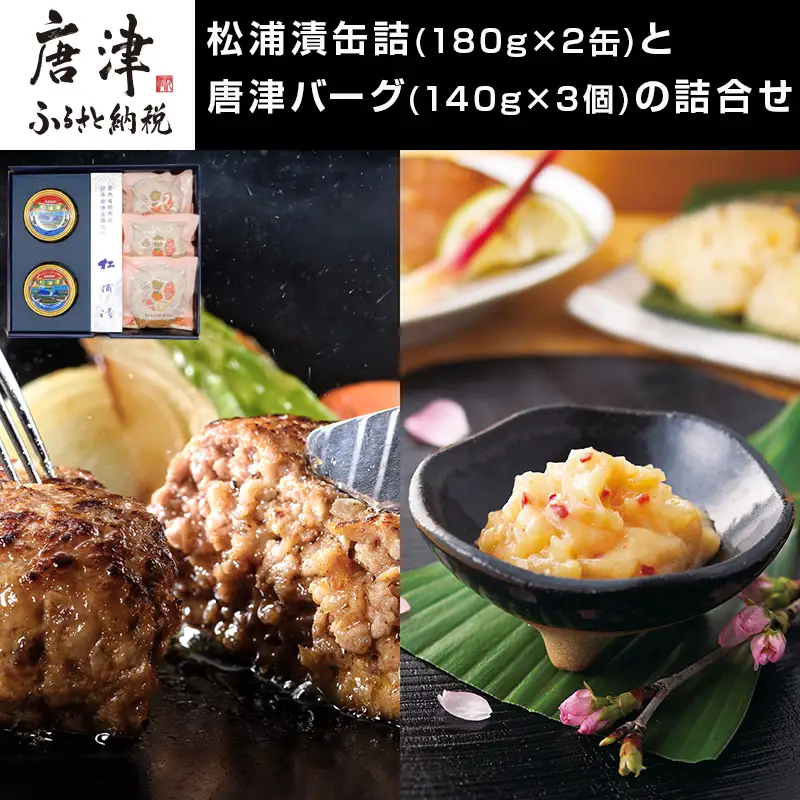 松浦漬缶詰(180g×2缶)と唐津バーグ(140g×3個)の詰合せ ハンバーグ