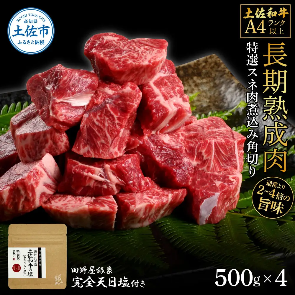 土佐和牛 特選スネ肉煮込み角切り 500g×4（田野屋銀象完全天日塩4P付き） 高知県土佐市 【株式会社LATERAL】 [BQAU047]