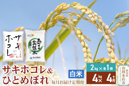 《定期便4ヶ月》【白米】令和7年産 サキホコレ2kg・土づくり実証米ひとめぼれ2kg (計4kg) ×4回 計16kg 精米 特A評価米 秋田県産
