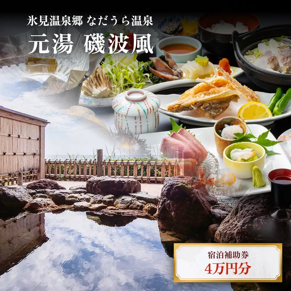 氷見温泉郷 なだうら温泉 元湯 磯波風 宿泊補助券 4万円分 富山県 氷見市 旅行 観光 宿泊 温泉 宿泊券 チケット クーポン 海鮮
