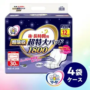 マーヤ 超吸収 超特大パッド 1800 （約12回分 / 大人用尿とりパッド1800ml / 夜・長時間用） 紙おむつ 大人用 日用品 消耗品 ケース