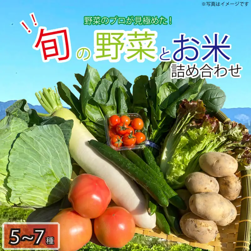 野菜 5～7品目 米 5kg 詰め合わせ セット 旬 新鮮 季節の野菜 なすび ブロッコリー キャベツ 白菜 レタス サニーレタス ほうれん草 きゅうり ピーマン とうもろこし トマト ミニトマト 大根 絹さや インゲン豆 玉ねぎ じゃがいも すだち あきさかり お楽しみ 阿波市 徳島県
