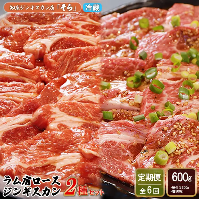 【定期便：全6回】知床ジンギスカン店「そら」ラム肩ロースジンギスカン2種セット 計600g（味付け×300g・塩×300g）【1601201】