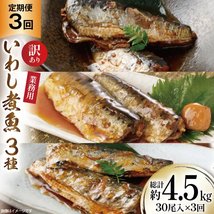 3回 定期便 訳あり 業務用 いわし煮魚 3種 ×10尾 計30尾入 約1.5kg ×3回 総重量 約4.5kg 