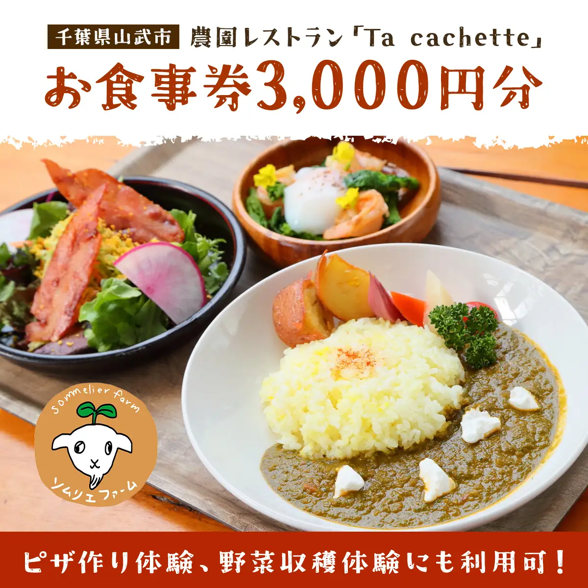 ピザ作り体験、野菜収穫体験にも利用可！ 農園レストラン「Ta cachette」お食事券3,000円分 ／ 体験 チケット 野菜 収獲 ピザ 利用券 千葉県 山武市 SMBP001