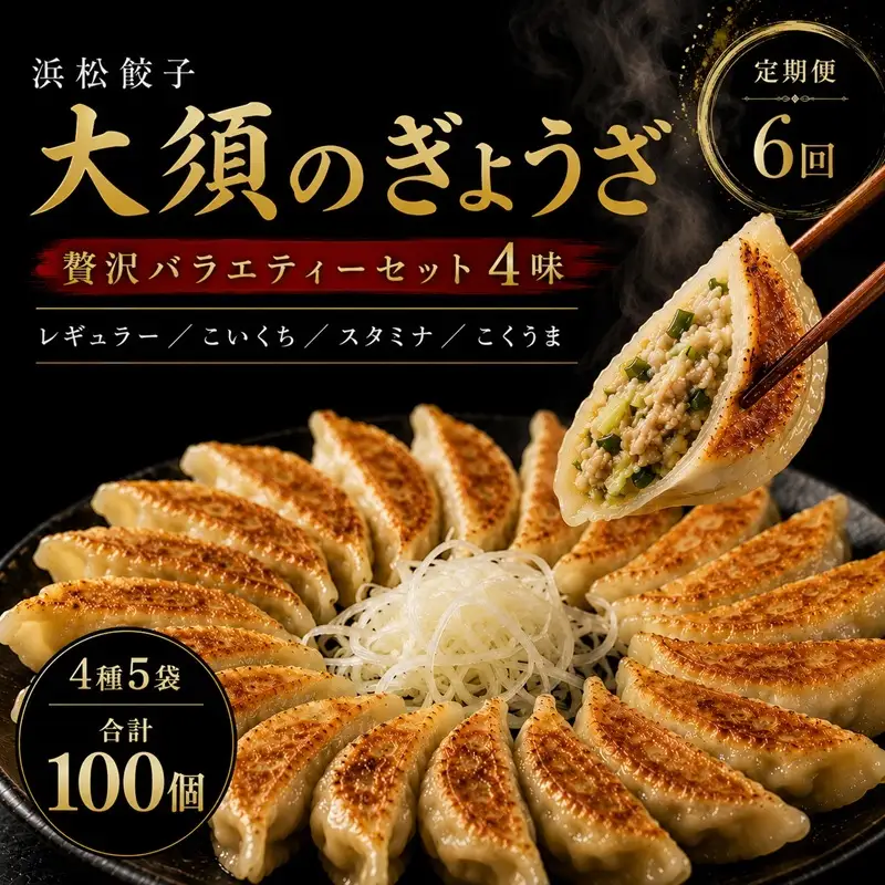 【定期便6回】浜松餃子 大須のぎょうざ［ 浜松ぎょうざ 贅沢バラエティーセット 4味 ＜ レギュラー、こいくち、スタミナ、こくうま ＞］× 5袋（1袋20個入、合計100個） 