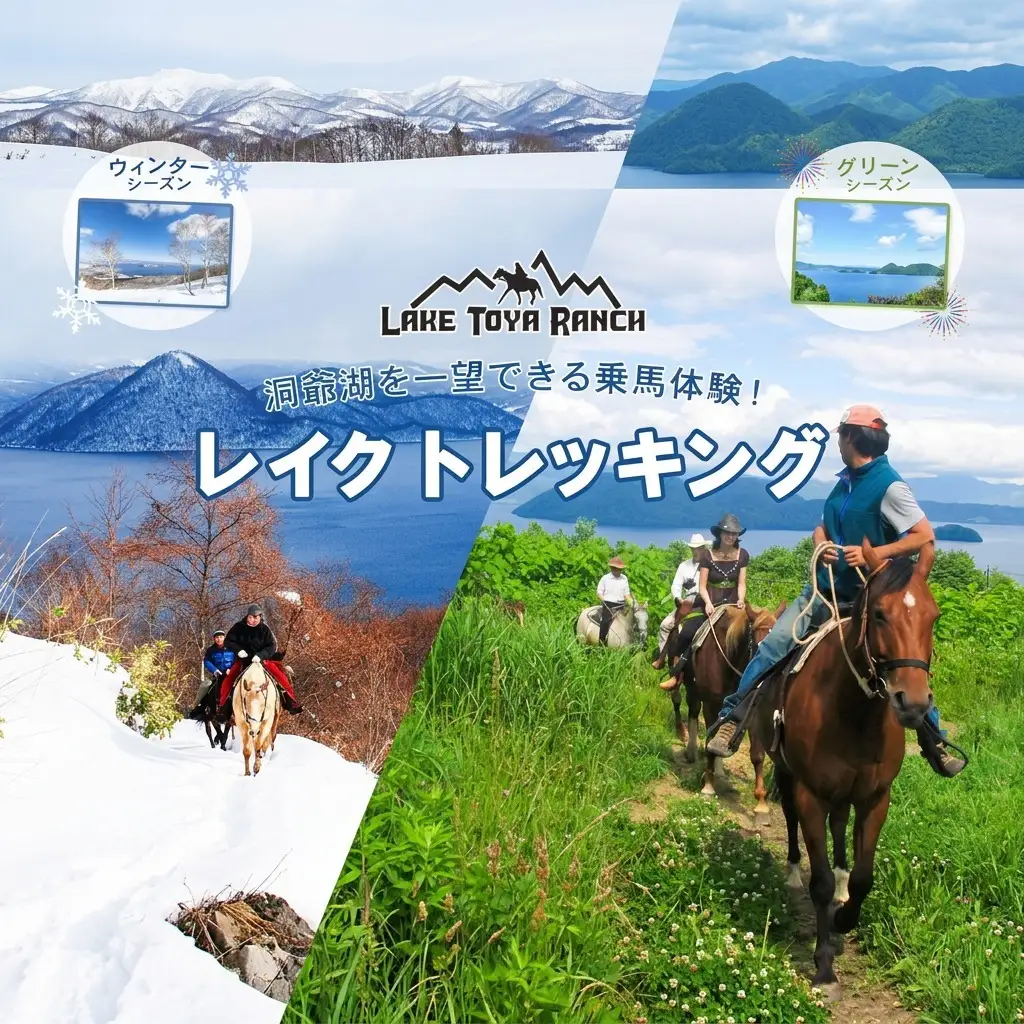北海道 レイクトレッキング＆Winterレイクトレッキング 約40分 乗馬 体験 ホース トレッキング 絶景 自然 貴重 体験 経験 景色 ふれあい 血統馬 初心者 本格的 のんびり お子様 大人 レイクトーヤランチ 洞爺湖