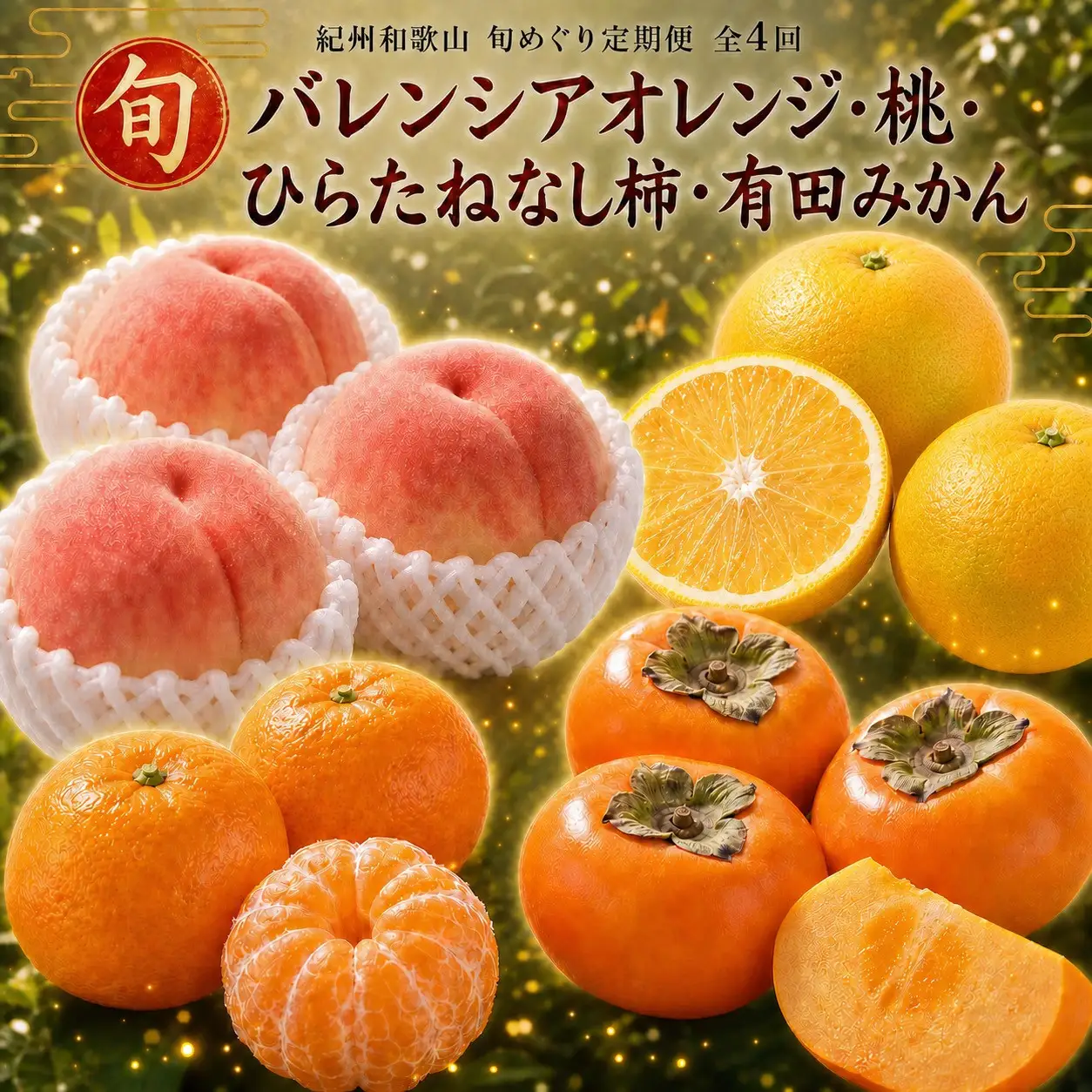 【7・8・10・12月 全4回】紀州和歌山産旬のフルーツセット（バレンシア・桃・ひらたねなし柿・みかん）【UT80】