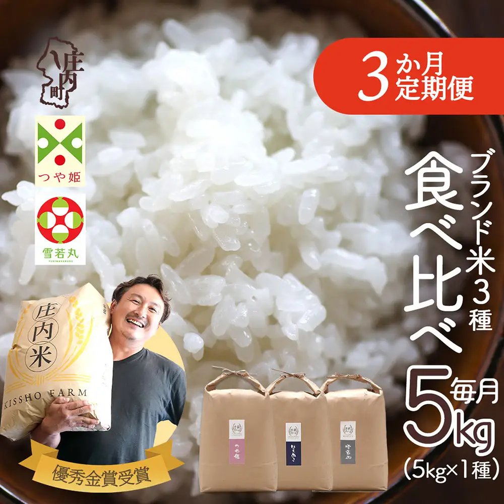 【3か月定期便】吉祥ファーム 庄内町産 おいしい米 食べ比べ 毎月 5kg×1袋 1種 計15kg 令和7年産 金賞受賞農家 つや姫 はえぬき 雪若丸 ブランド米 コシヒカリの原点、亀の尾発祥の地【8月中旬発送/入金期限：2026年7月25日】