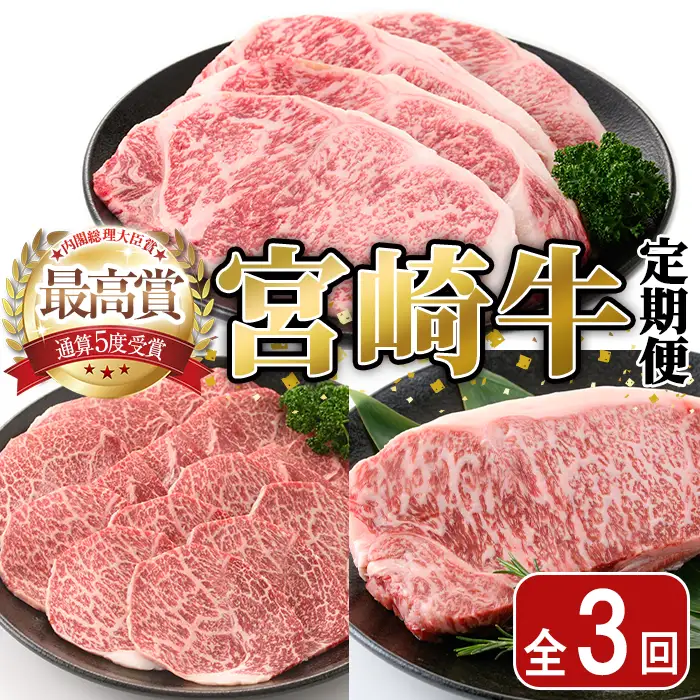 ＜全3回・定期便＞宮崎牛定期便(ロースステーキ・600g、肩焼肉・400g、ワンポンドステーキ・454g)A4 A5  国産 牛肉 精肉 宮崎県産 お肉 黒毛和牛 お取り寄せ 焼き肉 ステーキ【SJ010】【日本ハムマーケティング株式会社】