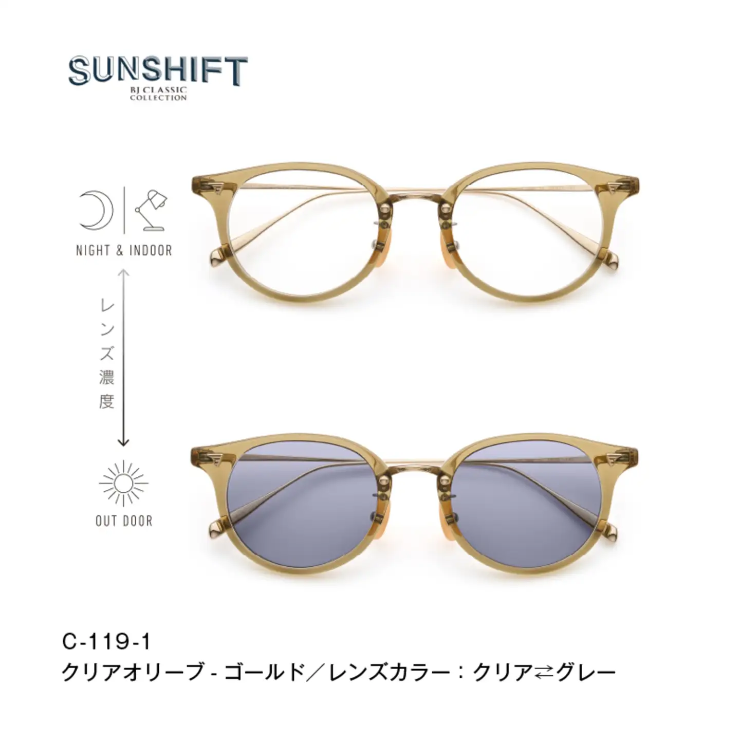 SUNSHIFT S-C510N C-119-1 クリアオリーブ-ゴールド サングラス ブルーライトカット 